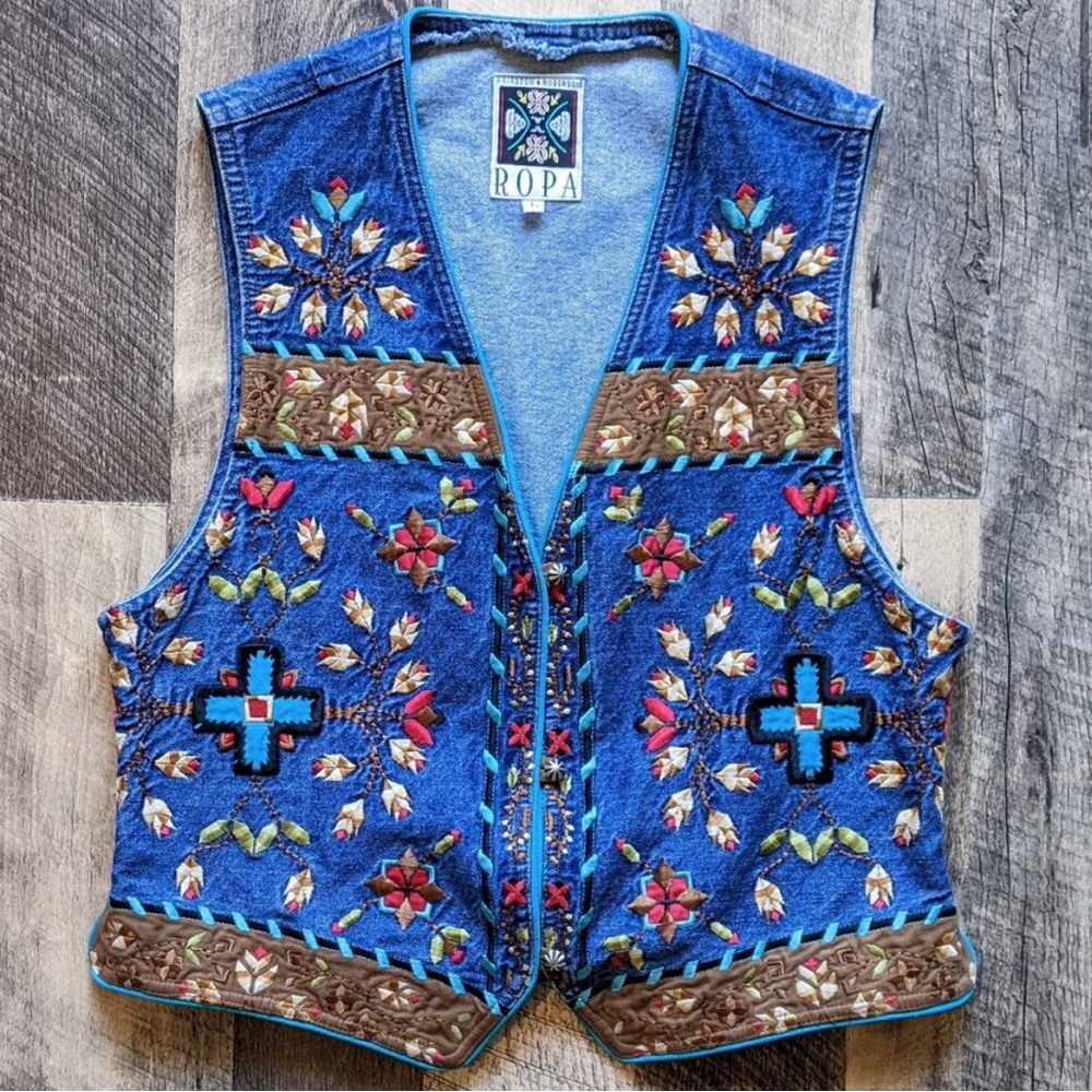 Hairston Roberson Ropa Vintage Western Floral Embroidered Denim Vest, Size Large